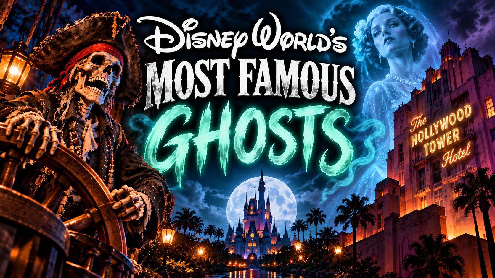 Disney World's Most Famous Ghosts graphic including Pirates of the Caribbean and The Hollywood Tower of Terror
